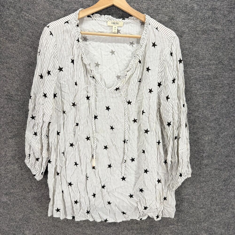 Como Blu Blouse Women 1X Plus White Star Print V-Neck Tasseled 3/4 Sleeve Rayon